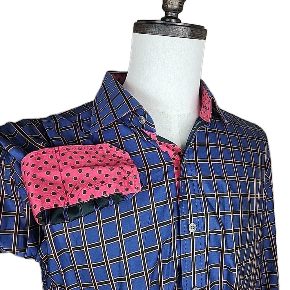 ROBERT GRAHAM Mens Shirt 2XL Checked Long Sleeve Contrast Cuffs Blue Gold Green